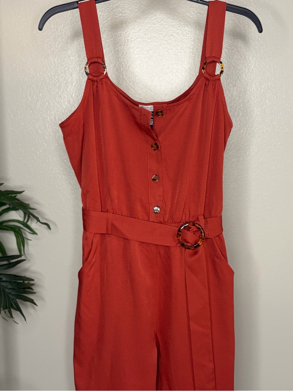 Love Tree Rust Orange Jumpsuit Womens Medium Wide Leg Belted Button Front Boho